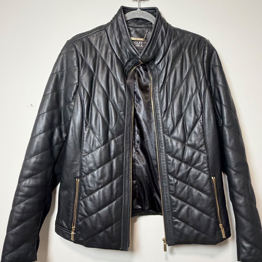 Badgley Mischka Black Genuine Leather Chevron Quilted Moto Jacket Gold Zip Large
